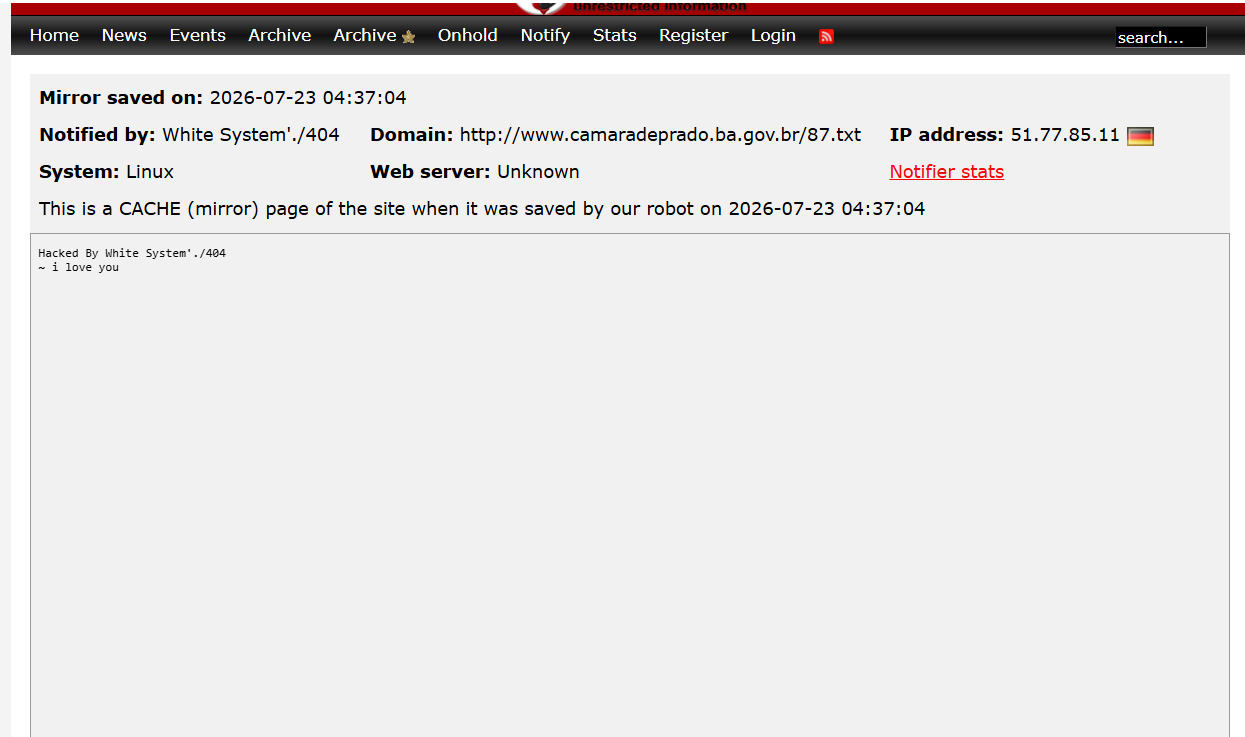 White System’./404 targets the website of Prado City Council