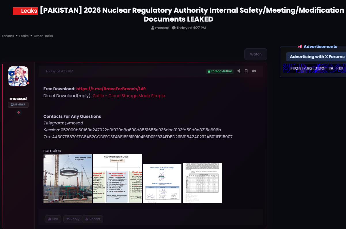 Alleged leak of Pakistan Nuclear Regulatory Authority Internal Documents