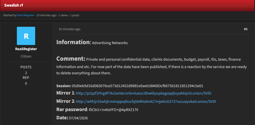 Alleged data leak of an unidentified Swedish advertising network