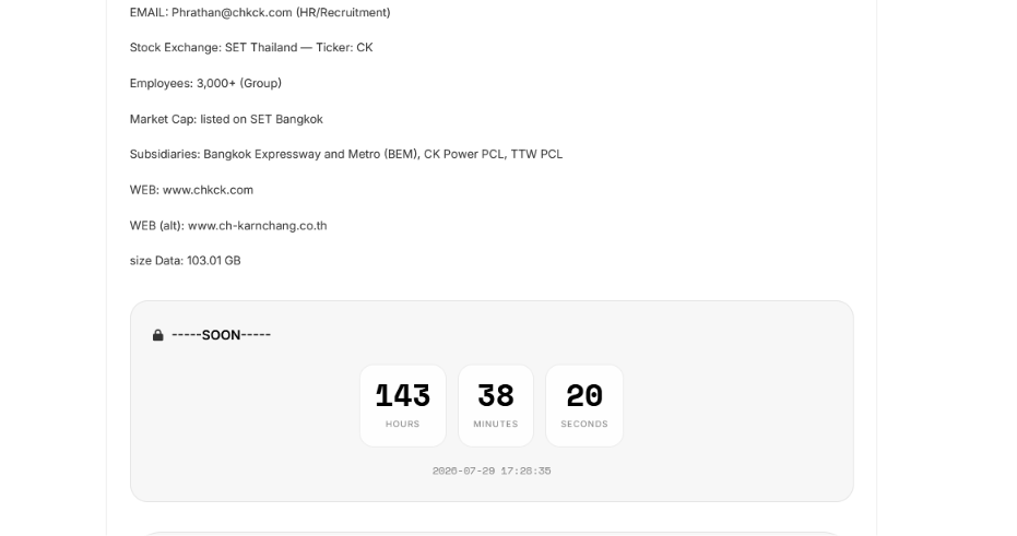 CH. KARNCHANG PUBLIC COMPANY LIMITED falls victim to KRYBIT ransomware