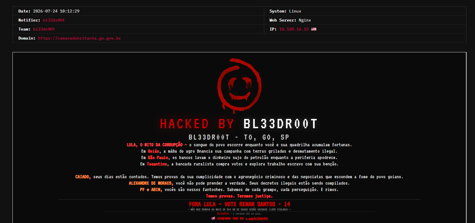 bl33dr00t targets the website of Câmara Municipal de Britânia