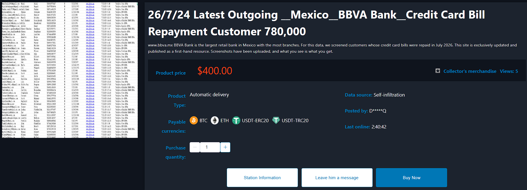 Alleged Sale of Mexico BBVA Bank database