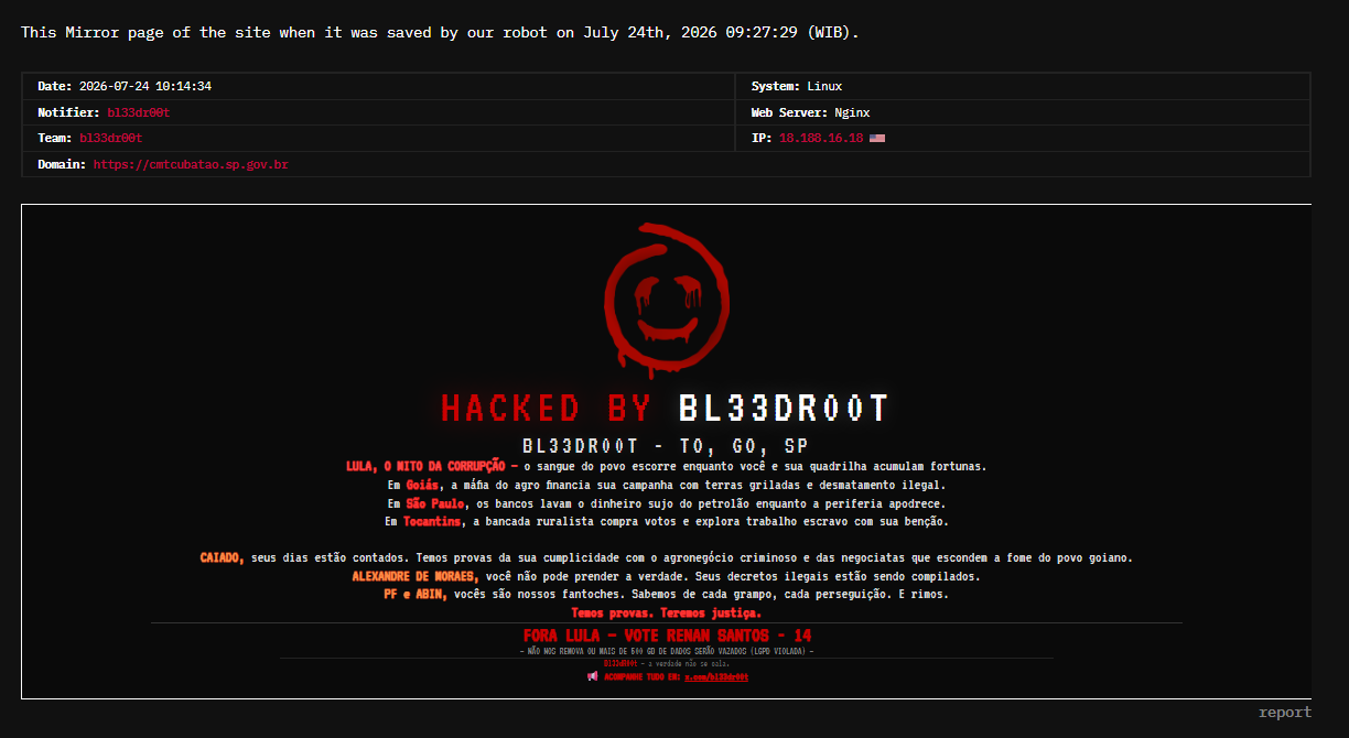 bl33dr00t targets the website of Companhia Municipal de Trânsito de Cubatão