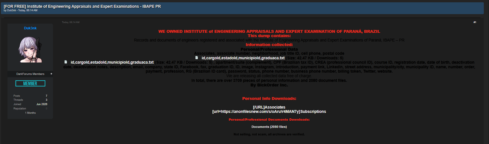 Alleged Data Breach of Institute of Engineering Appraisals and Expert Examinations of Parana