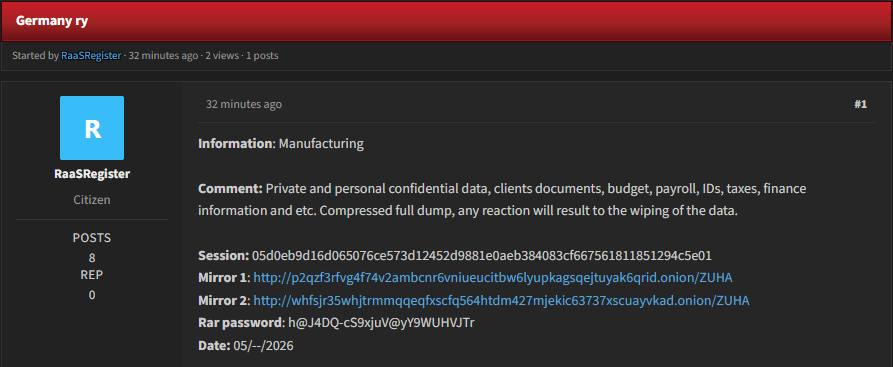 Alleged data leak of an unidentified manufacturing company in Germany