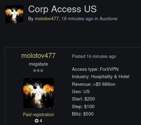 Alleged sale of unauthorized FortiVPN access to an unidentified hospitality and hotel organization in the USA