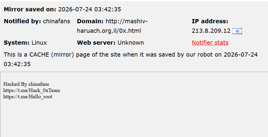 chinafans targets the website of Mashiv HaRuach