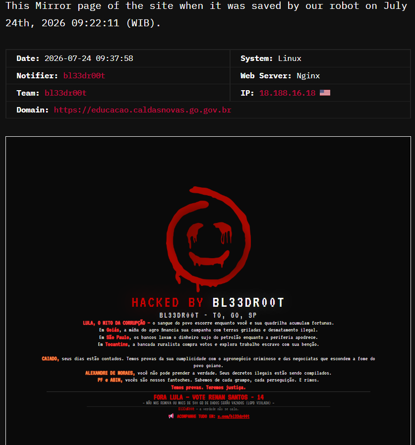bl33dr00t targets the website of Municipal Department of Education of Caldas Novas