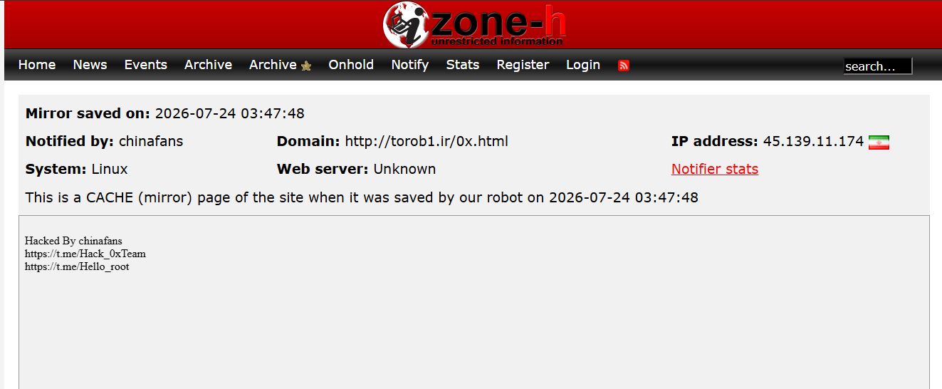 chinafans targets the website of torob1.ir