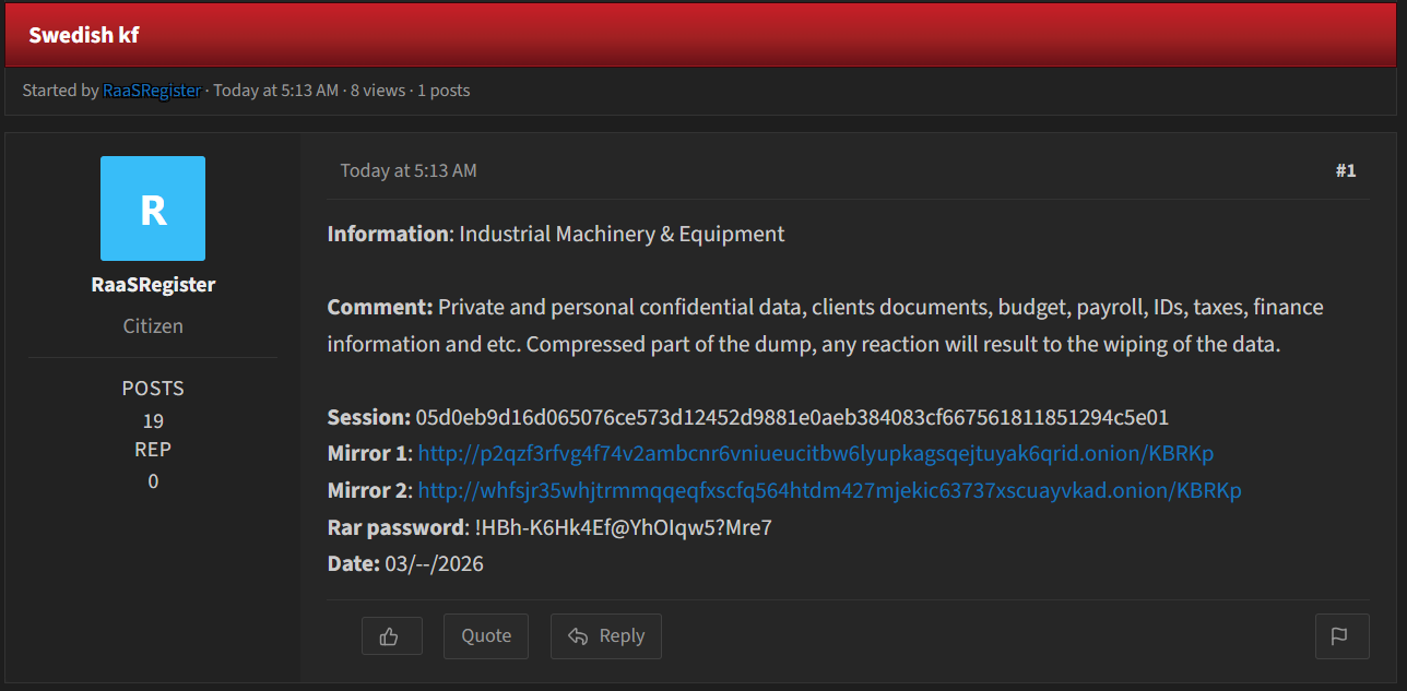 Alleged data leak of an unidentified Industrial Machinery & Equipment Company