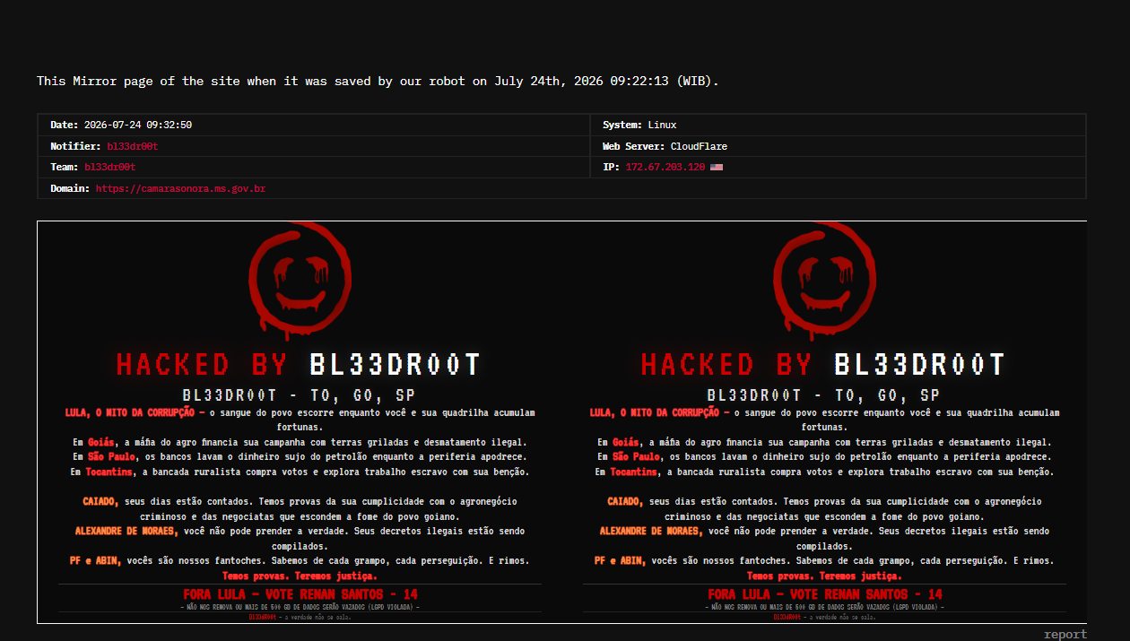 bl33dr00t targets the website of Câmara Municipal de Sonora