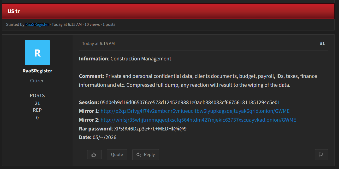 Alleged Data Leak of an Unidentified Construction Management Company