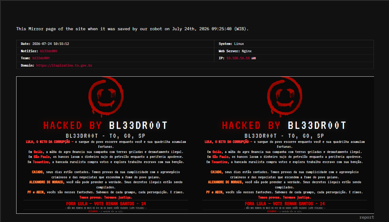 bl33dr00t targets the website of Prefeitura de Itapiratins