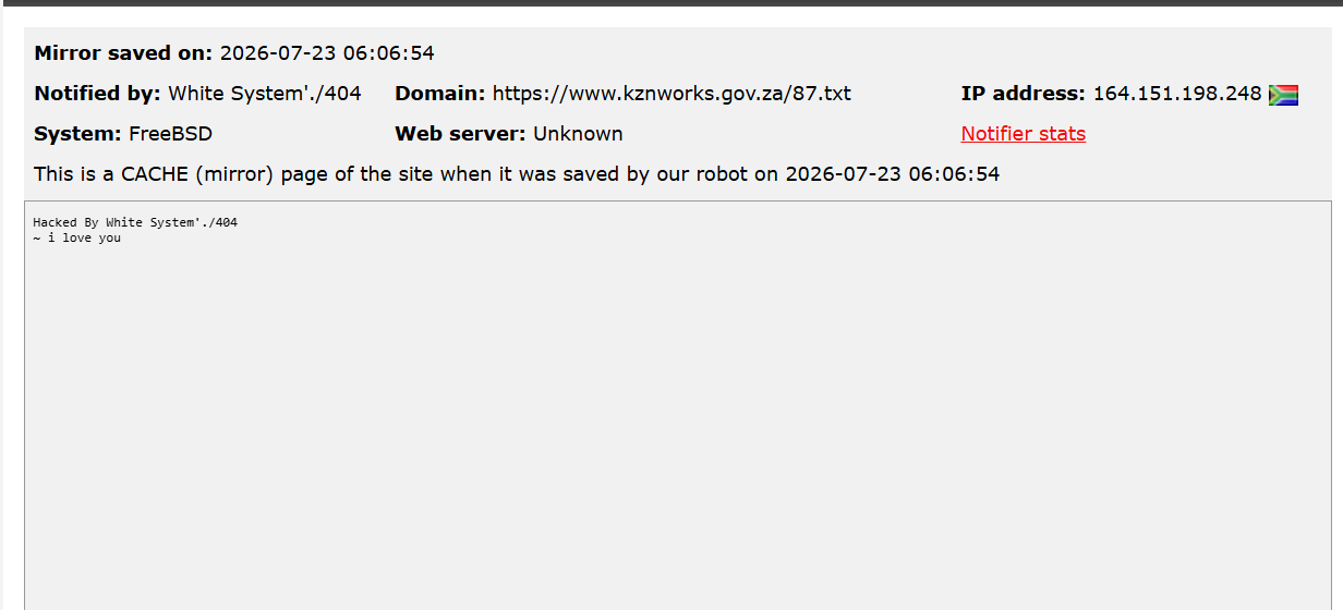 White System’./404 targets the website of KwaZulu-Natal Department of Public Works and Infrastructure