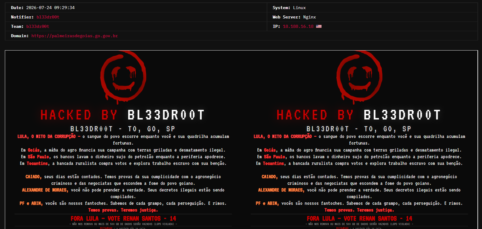 bl33dr00t targets the website of Municipality of Palmeiras de Goiás