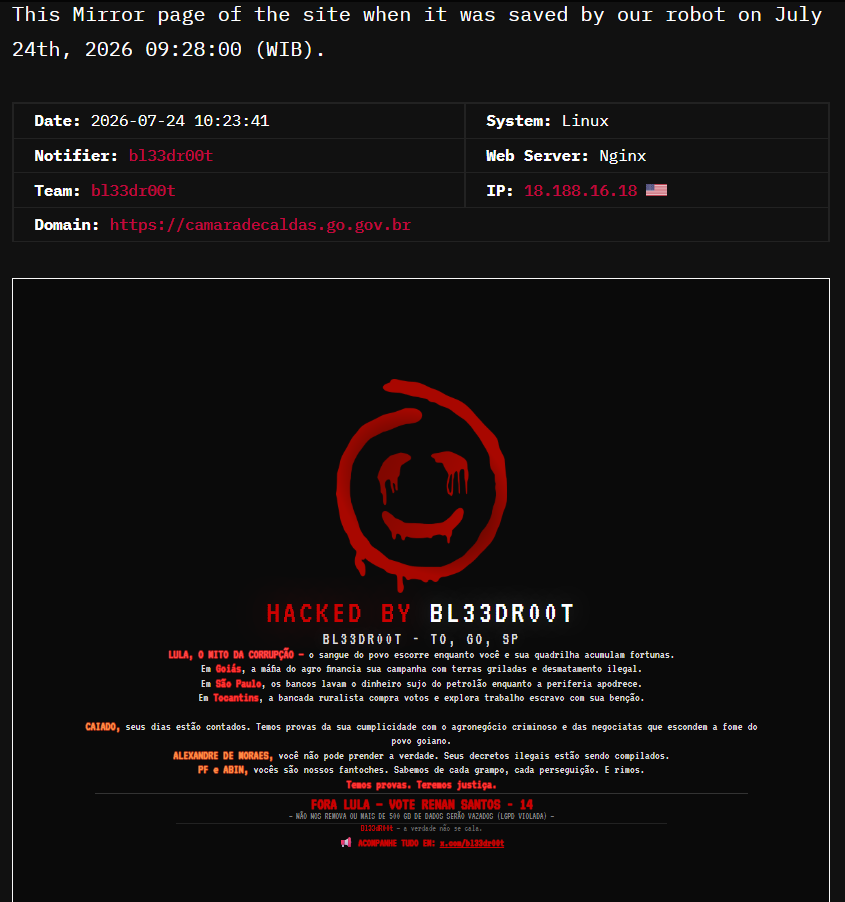 bl33dr00t targets the website of Municipal Chamber of Caldas Novas
