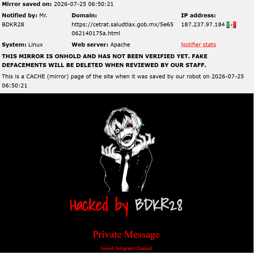 Mr. BDKR28 targets the website of CETRAT – Centro de Trasplantes de Tlaxcala (Tlaxcala Transplant Center)