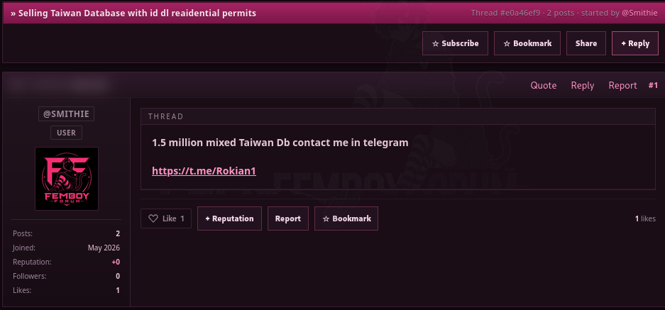 Alleged sale of a Taiwan database
