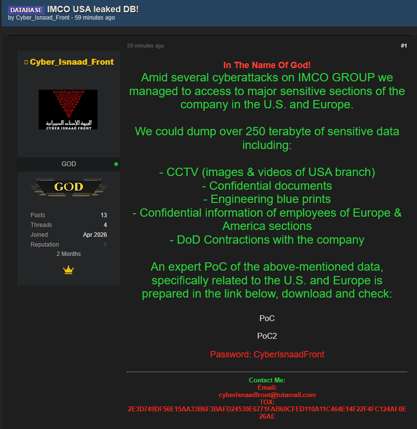 Alleged data breach of Imco Industries Ltd.