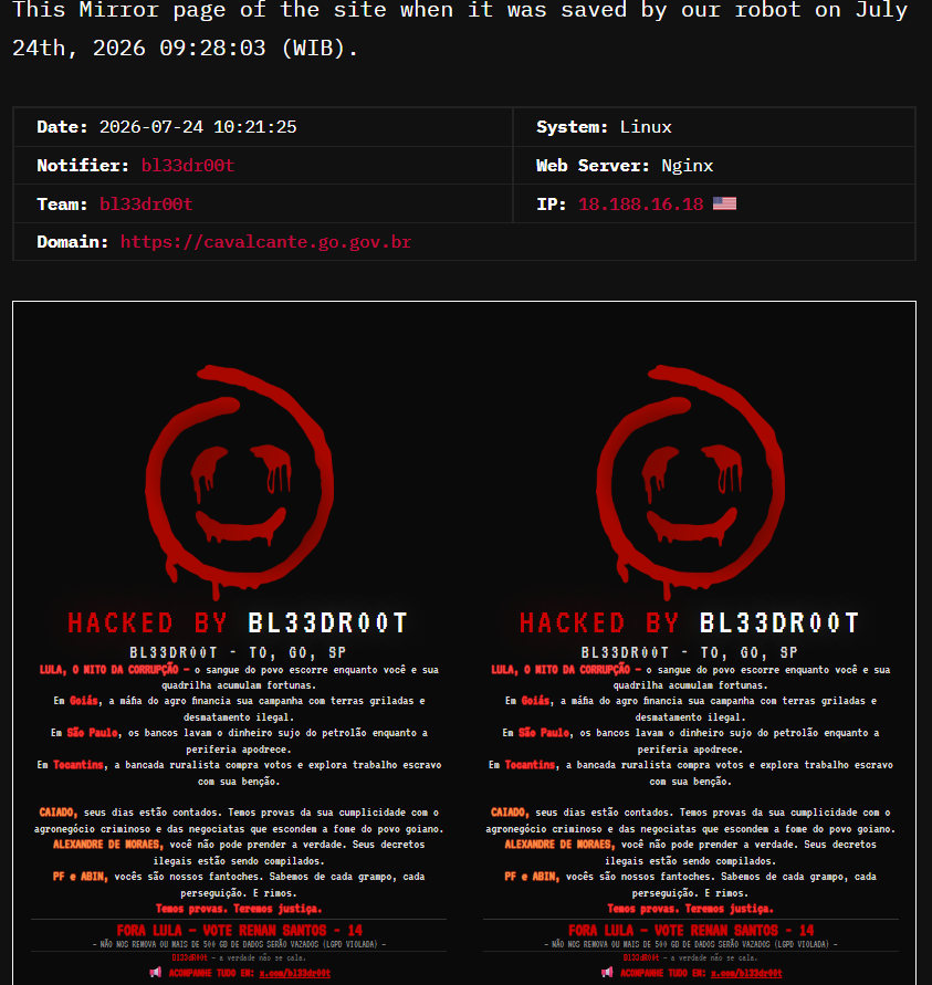 bl33dr00t targets the website of Municipality of Cavalcante