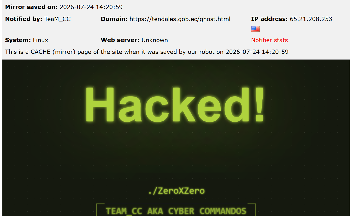 TeaM_CC targets the website of GAD Parroquial de Tendales
