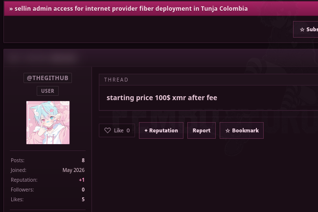 Alleged sale of unauthorized admin access to an unidentified internet service provider in Tunja Colombia