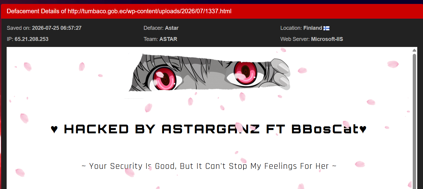 Astar targets the website of Government of the Rural Parish of Tumbaco