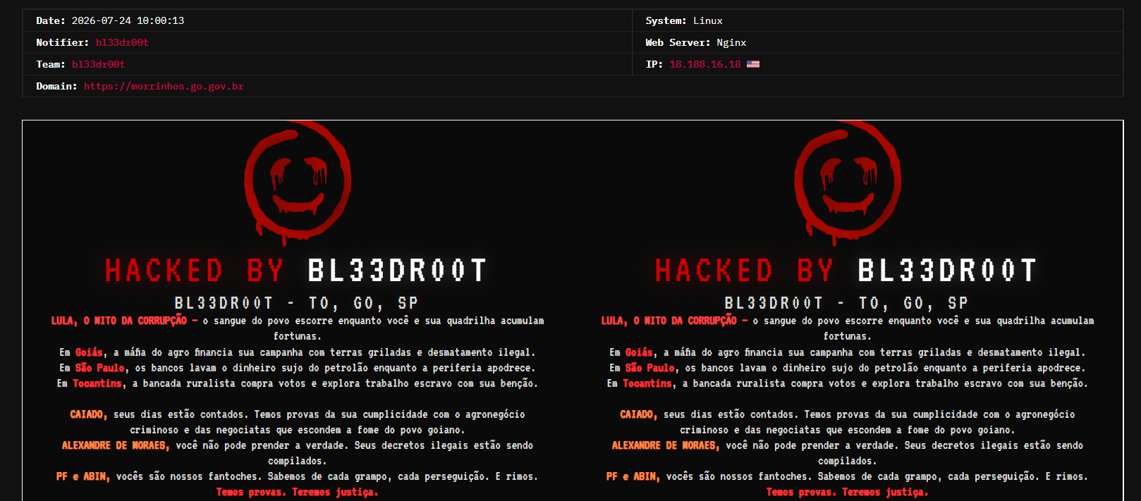 bl33dr00t targets the website of Municipality of Morrinhos