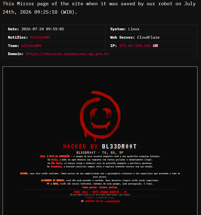 bl33dr00t targets the website of Municipal Department of Education of Nepomuceno