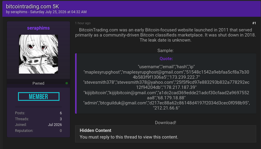 Alleged data breach of BitcoinTrading.com