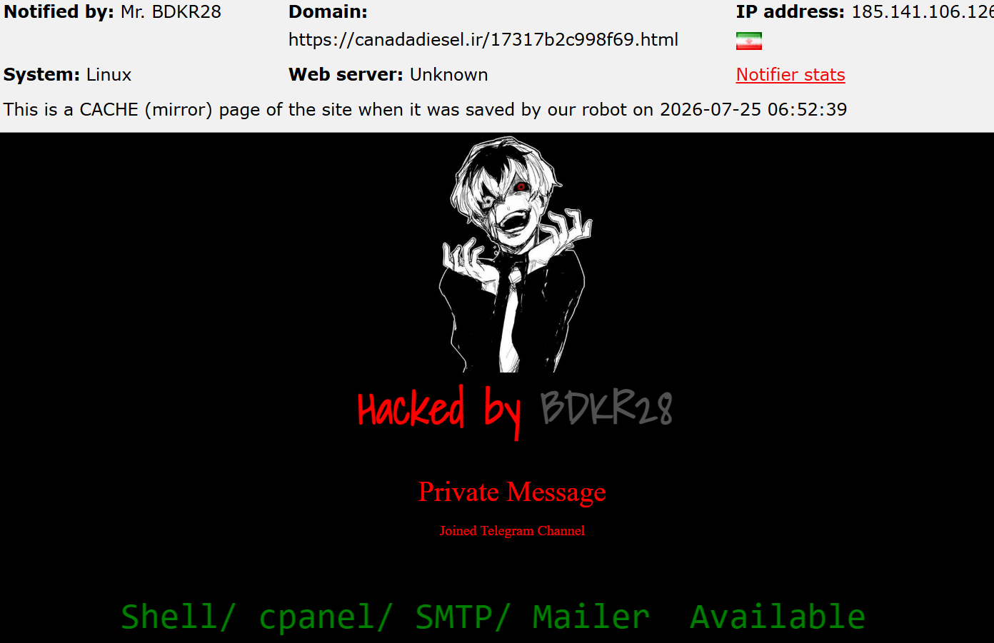 Mr. BDKR28 targets the website of Canada Diesel