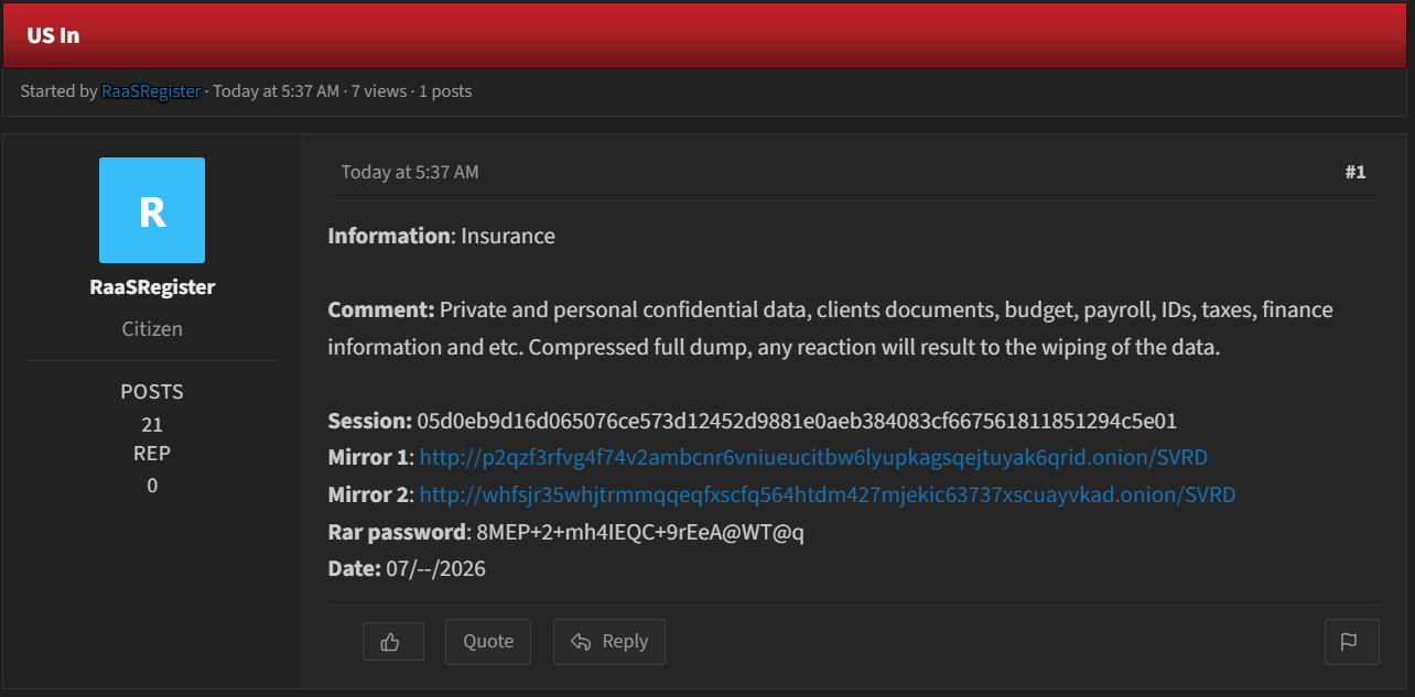 Alleged data leak of an unidentified Insurance Company