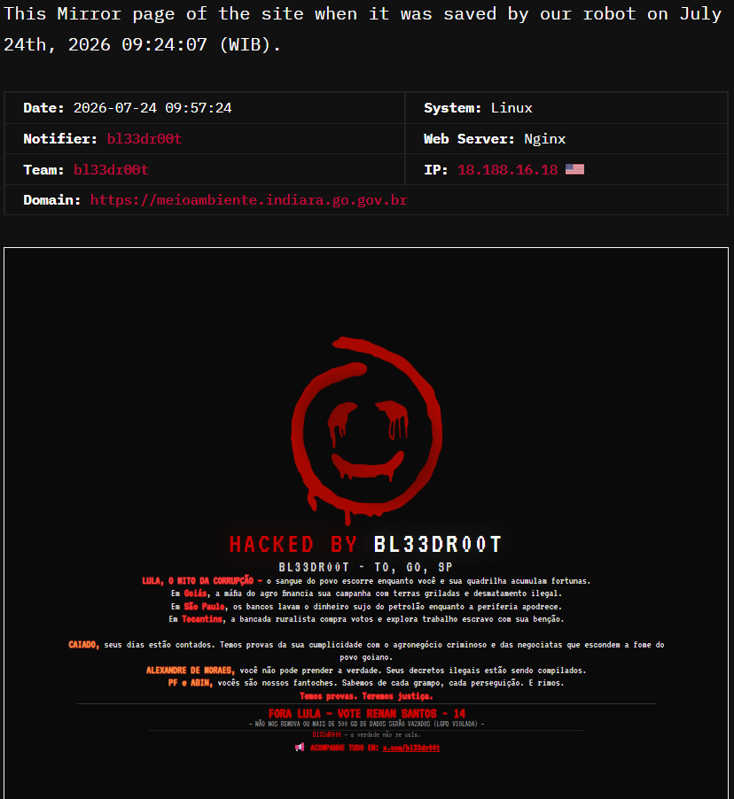 bl33dr00t targets the website of Municipal Department of Environment and Agriculture of Indiara