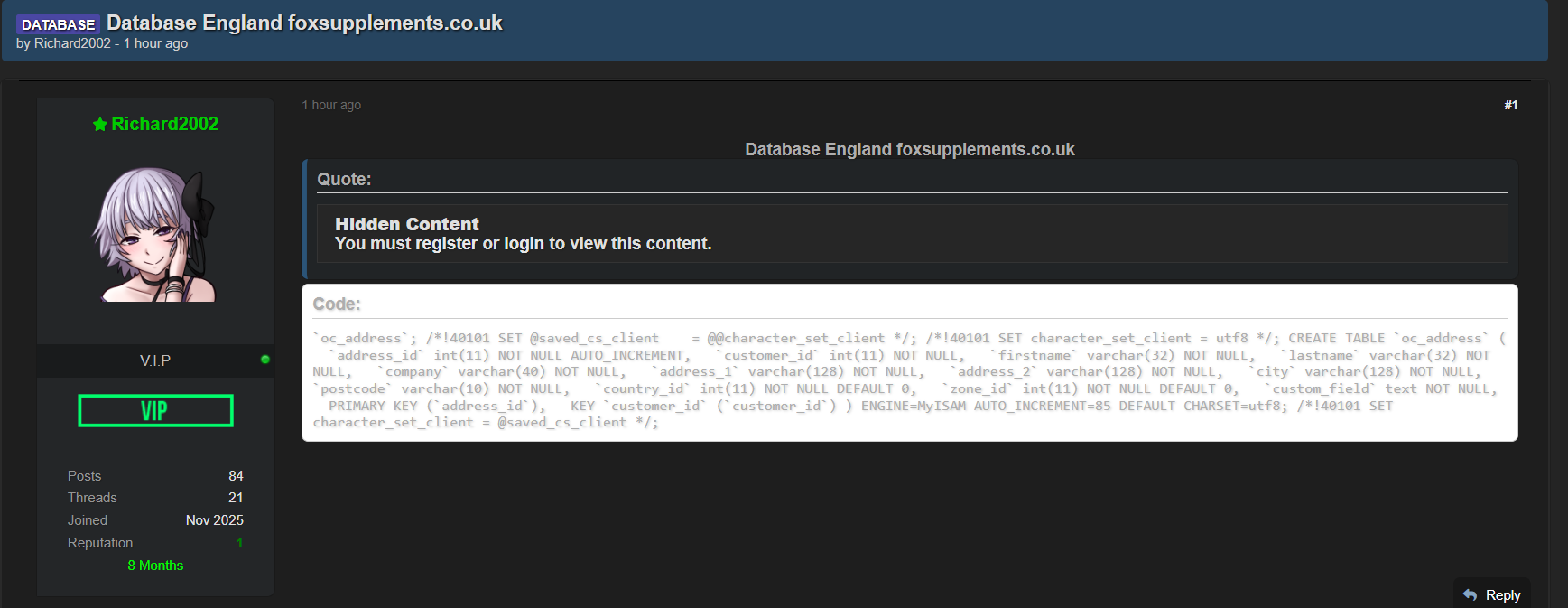 Alleged data breach of Fox Supplements