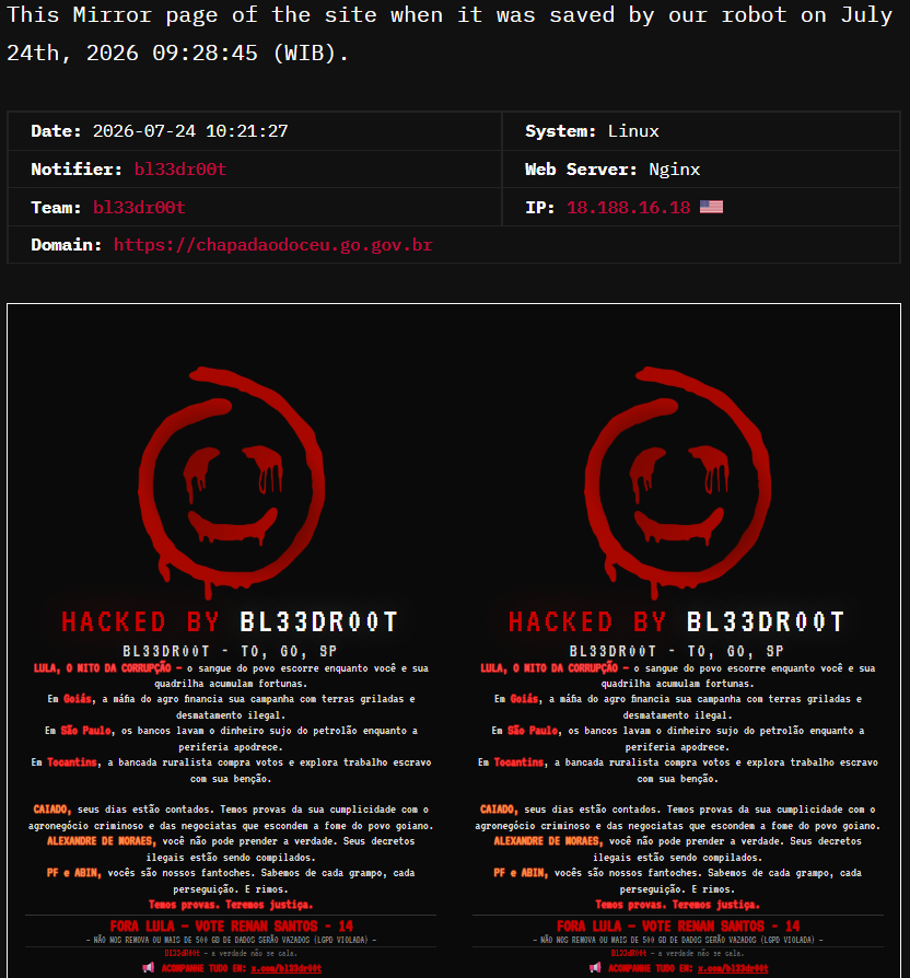 bl33dr00t targets the website of Municipality of Chapadão do Céu