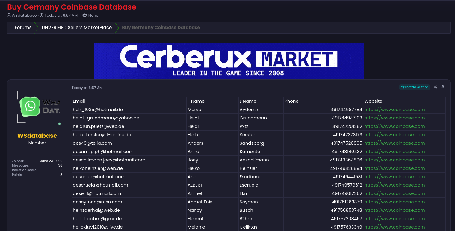 Alleged sale of a Coinbase database