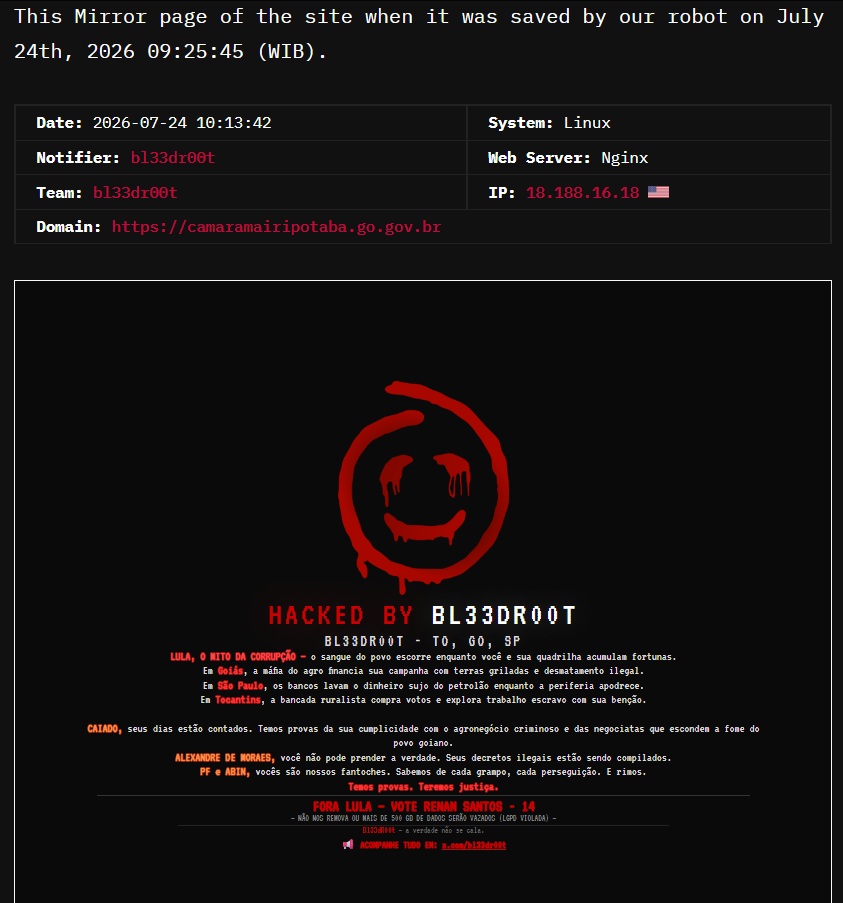 bl33dr00t targets the website of Municipal Chamber of Mairipotaba