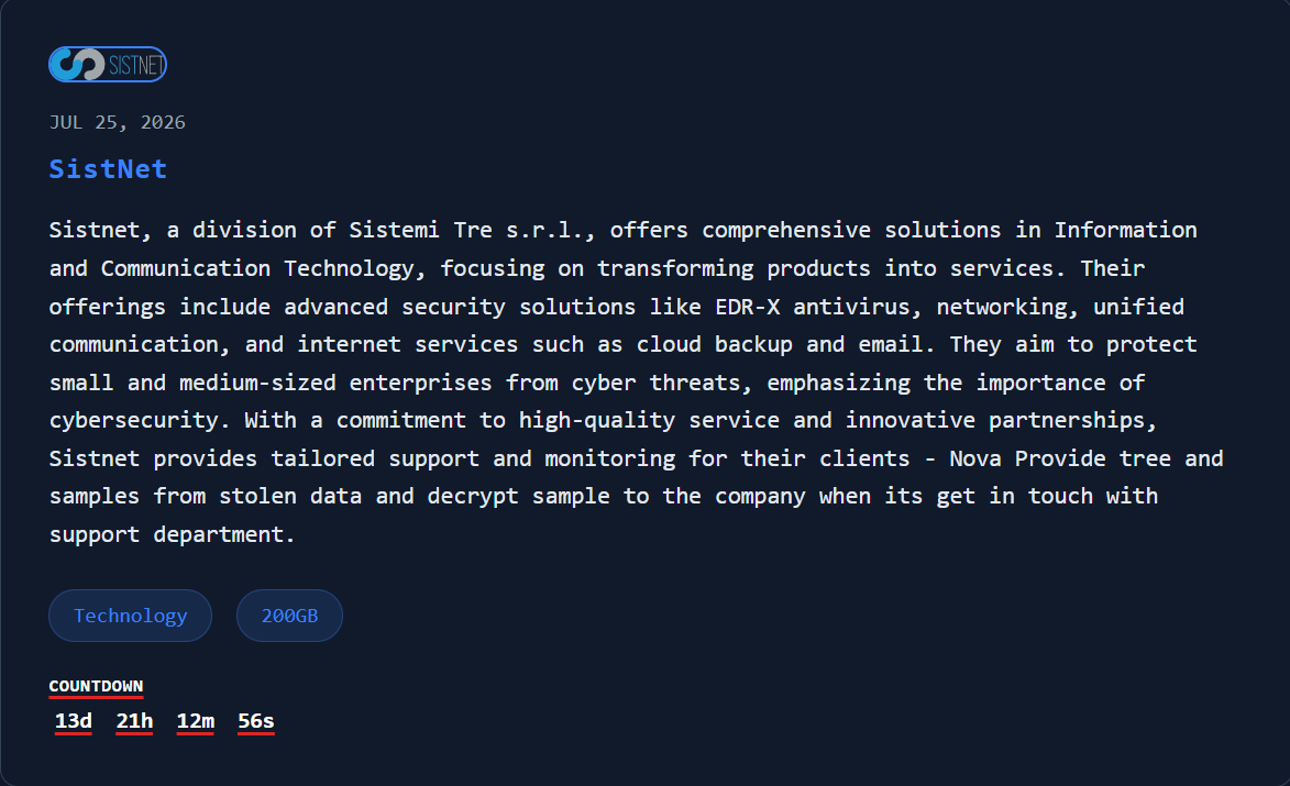 SistNet – division of Sistemi Tre S.r.l. falls victim to Nova Ransomware