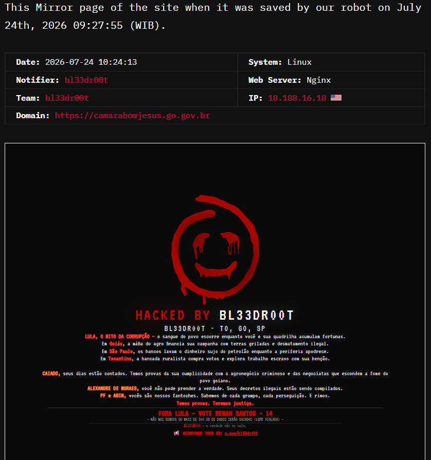 bl33dr00t targets the website of Municipal Chamber of Bom Jesus de Goiás