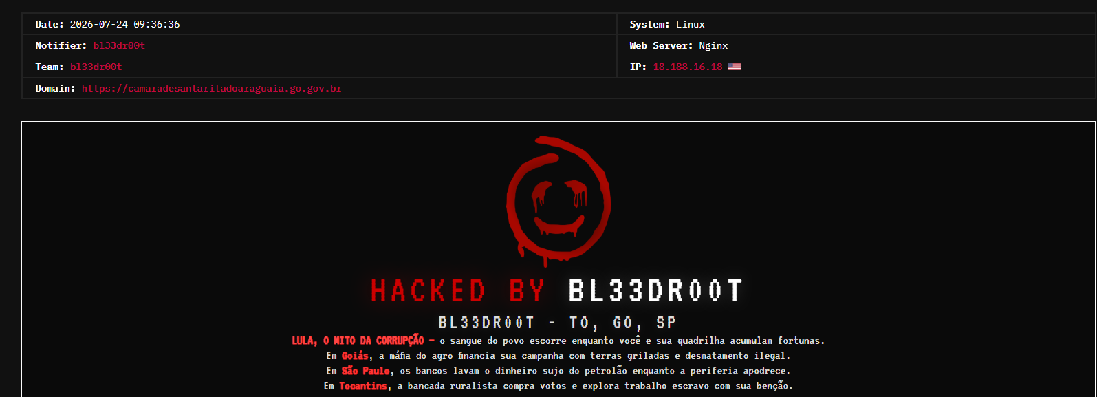 bl33dr00t targets the website of Municipal Chamber of Santa Rita do Araguaia