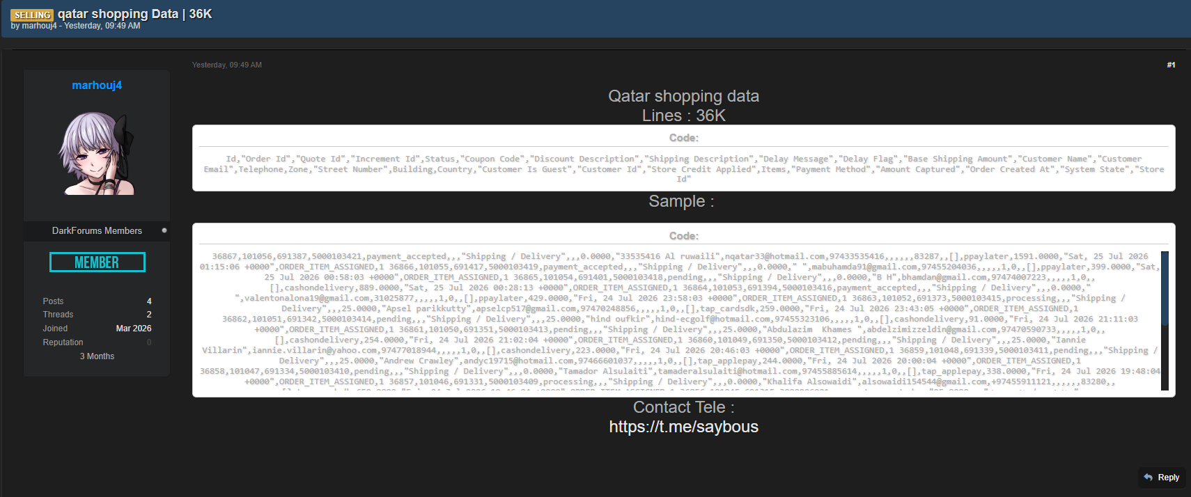 Alleged Sale of Data from an Unidentified Shopping Organization in Qatar