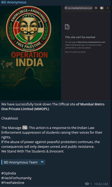 BD Anonymous targets the website of Mumbai Metro One