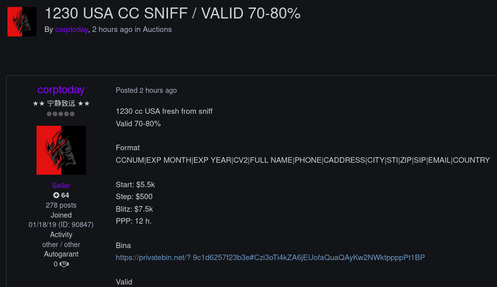Alleged sale of U.S. payment card data