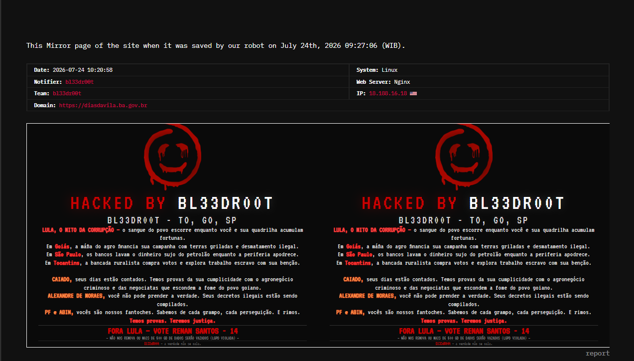 bl33dr00t targets the website of Prefeitura Municipal de Dias d’Ávila