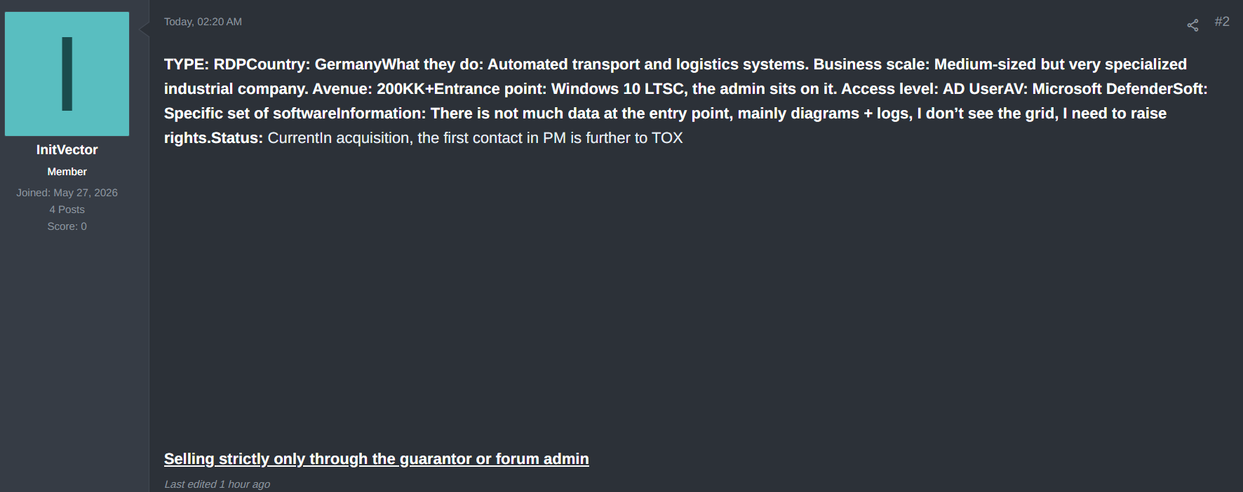 Alleged Sale of RDP Access to an Unidentified Automated Transport and Logistics Company in Germany
