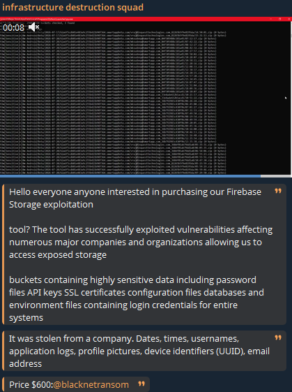 Infrastructure Destruction Squad Offers Firebase Storage Exploitation Tool for Sale