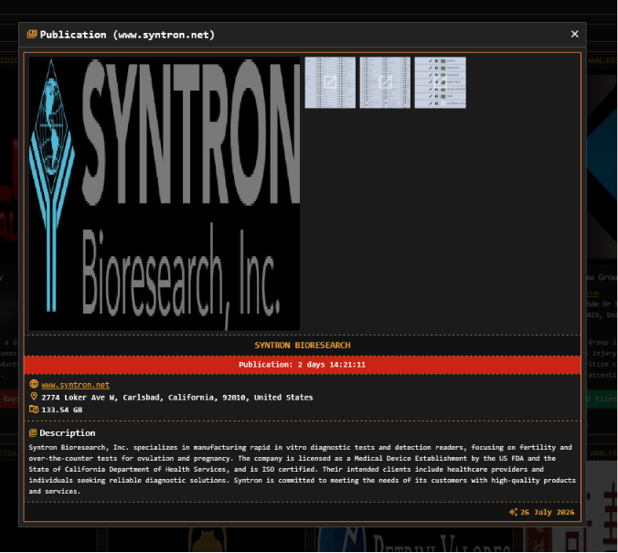 Syntron Bioresearch, Inc. falls victim to DragonForce Ransomware