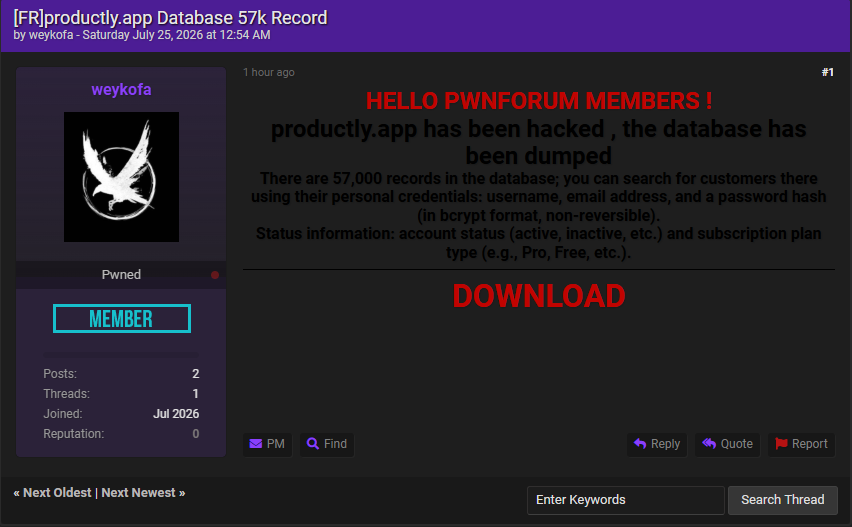 Alleged data breach of Productly