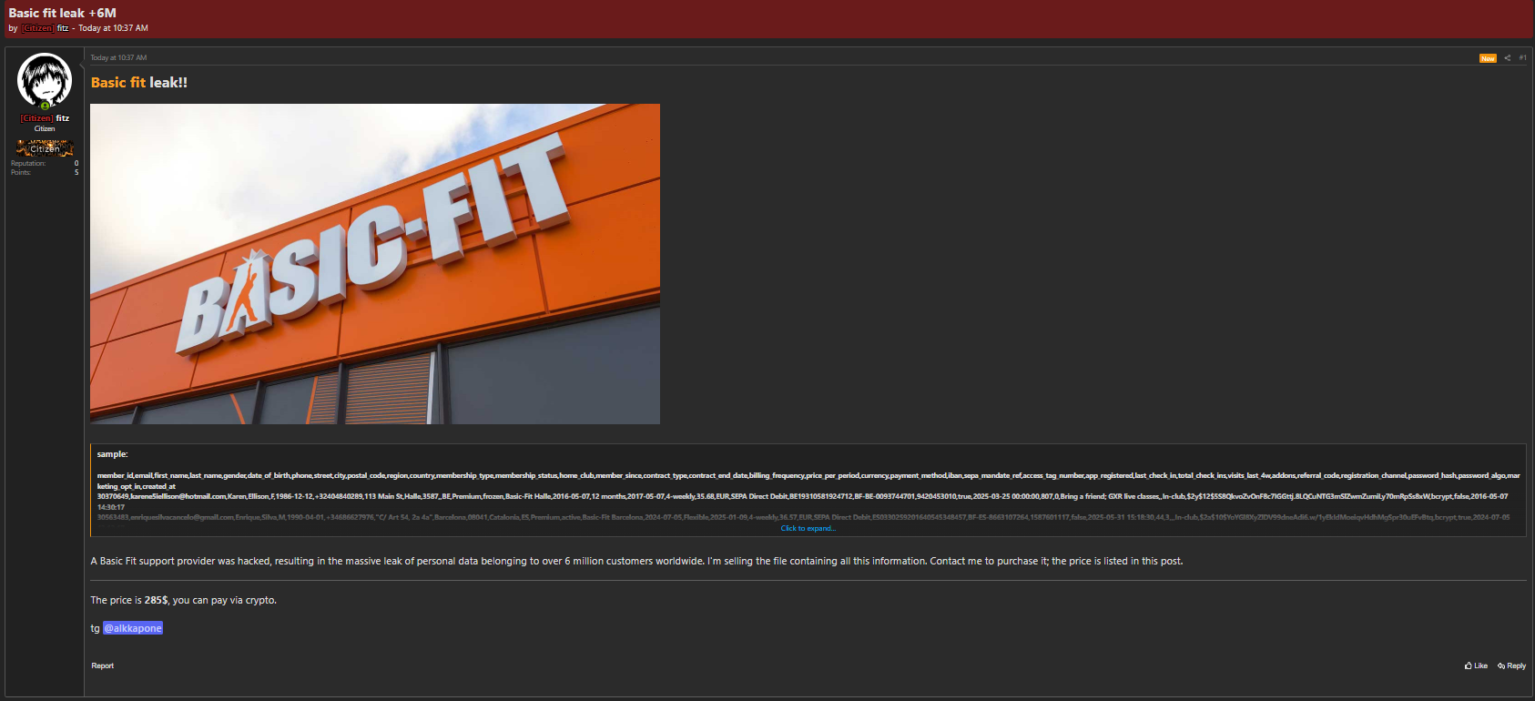 Alleged data breach of Basic-Fit