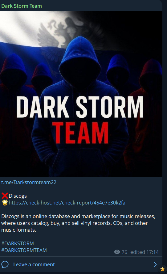 Dark Storm Team targets the website of Discogs